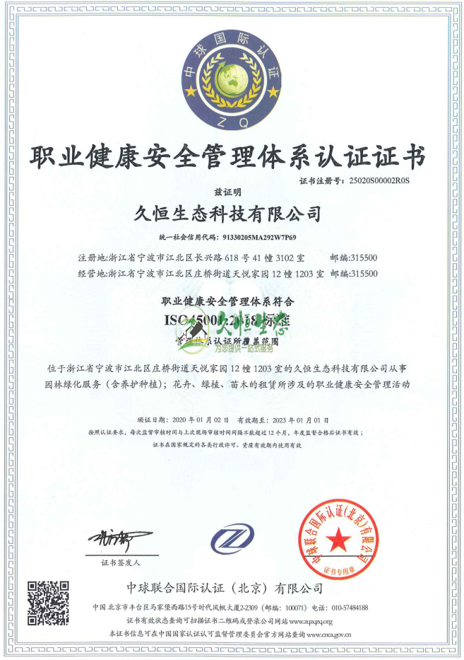 肥西职业健康安全管理体系ISO45001证书